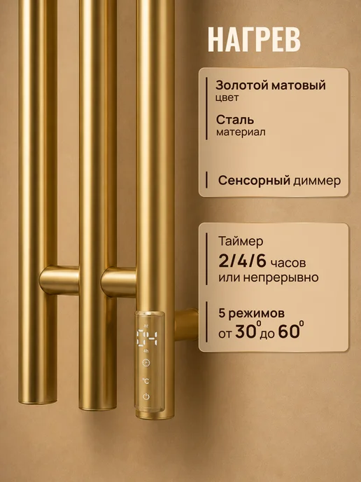 Grantop Полотенцесушитель электрический в ванную золото GPT0211012GL, золотой, фото 2