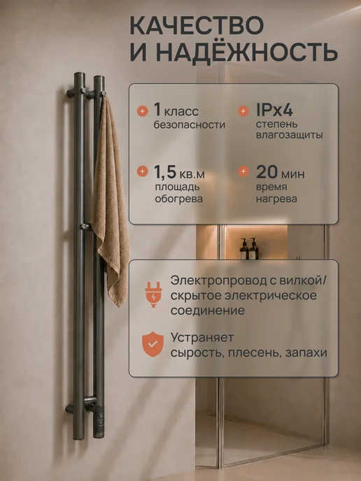 Grantop Полотенцесушитель электрический в ванную графит GPT021108GF, серый, фото 3