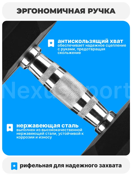 Nexus Sport Гантели неразборные 2 кг х 2, прорезиненные, пара, 1 кг, фото 2
