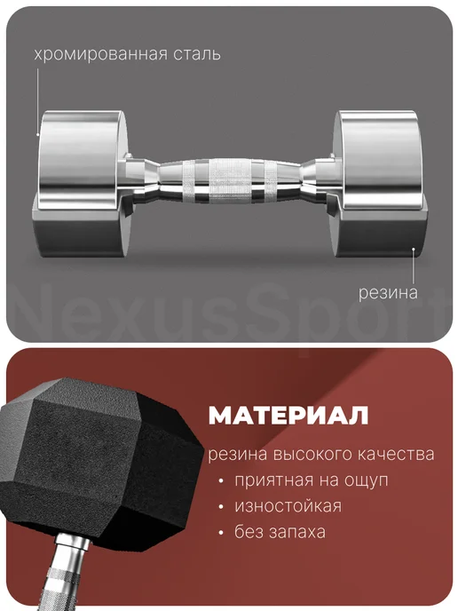 Nexus Sport Гантели неразборные 2 кг х 2, прорезиненные, пара, 1 кг, фото 5