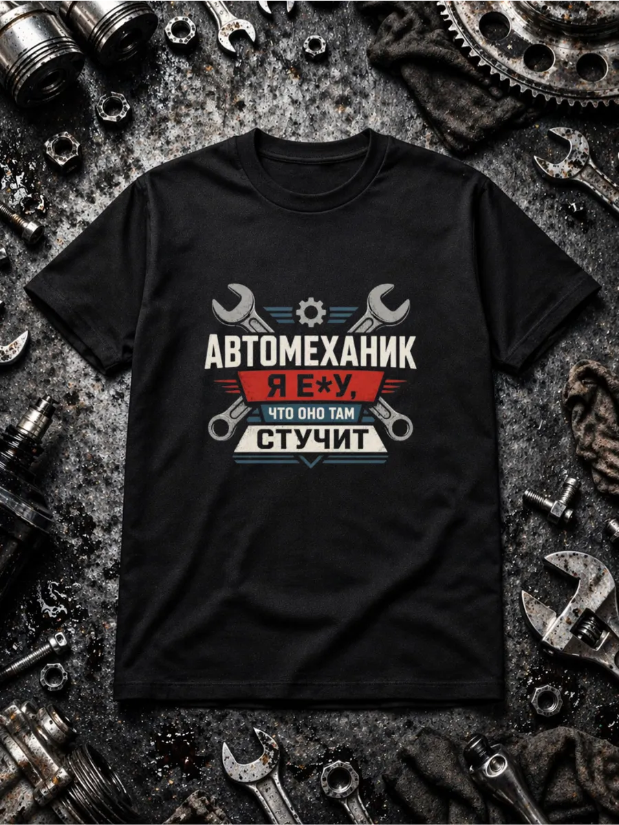 Футболка черная с принтом автомеханик что стучит