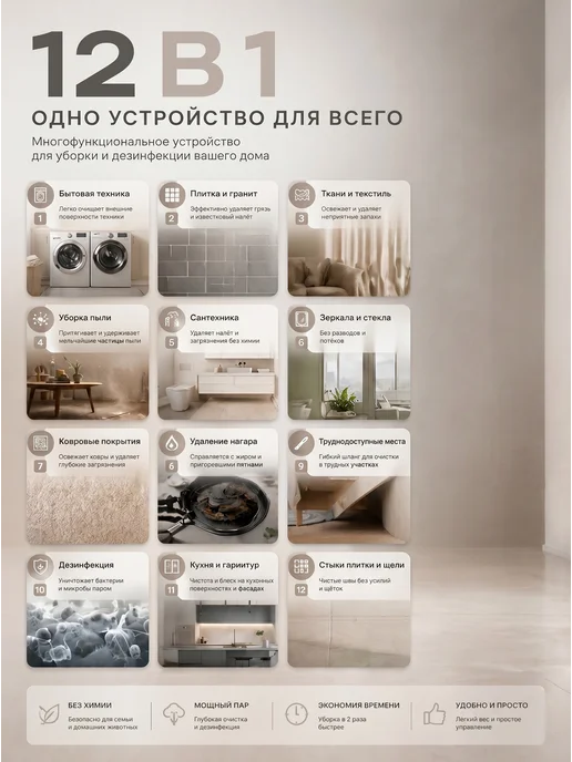 Паровая швабра 12в1 пароочиститель с насадками для дома, белый, фото 3