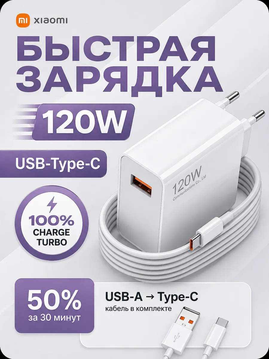 Быстрый блок с кабелем 120W Xiaomi Поко Honor Redmi Realme